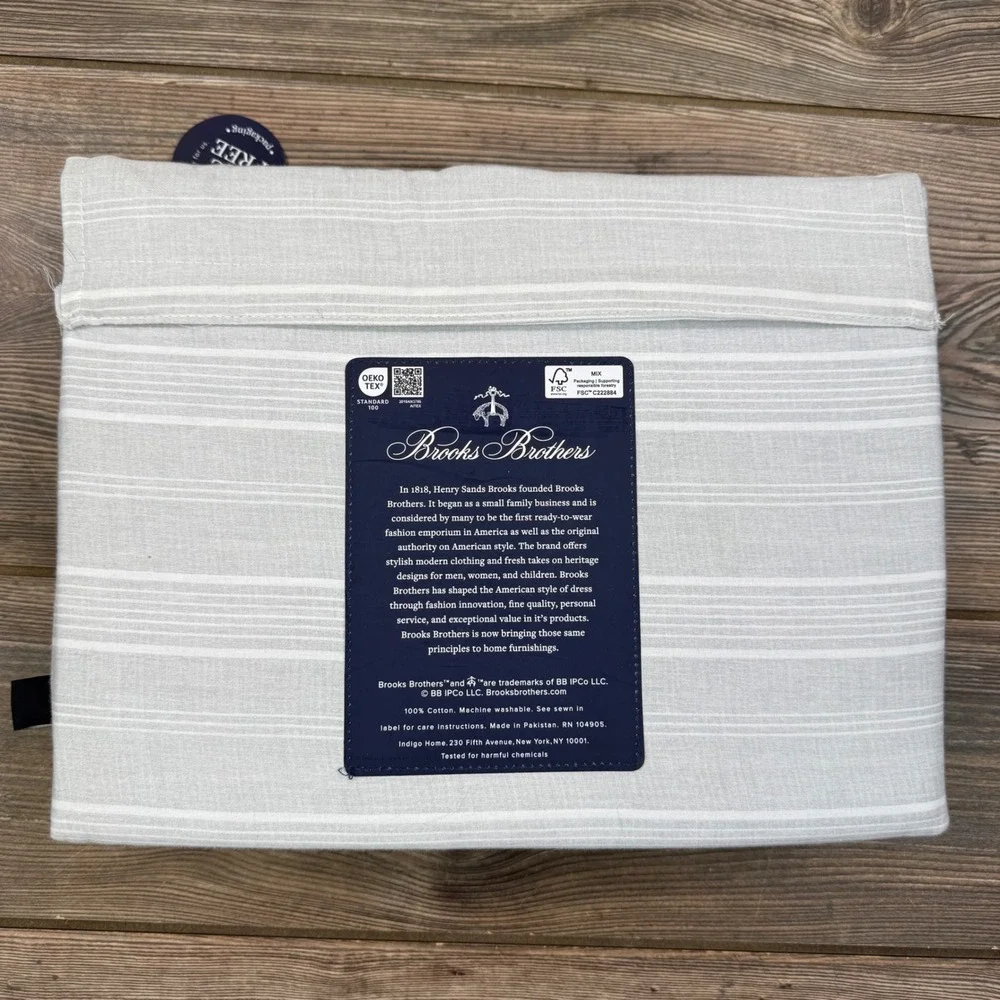 Brooks Brothers Queen Sheet Set Grey White Stripe 100% Cotton 4pc Luxury New